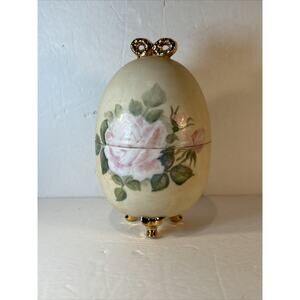 Vintage Porcelain Hand Painted Footed Egg Trinket Box Hinged Floral